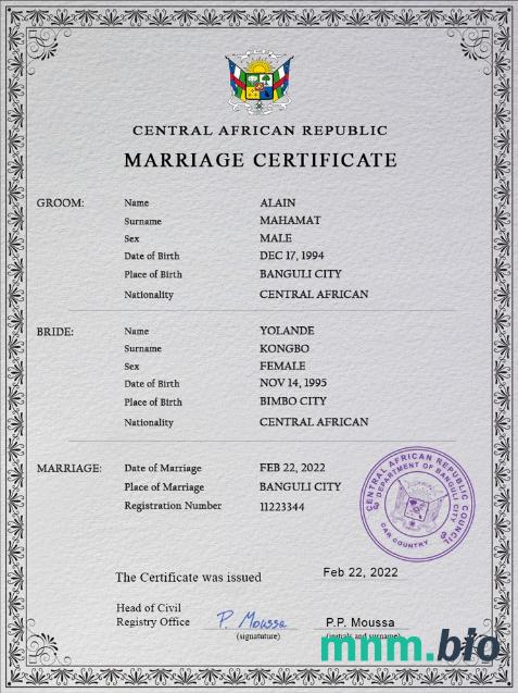 Central African Republic akt małżeństwa PSD szablon